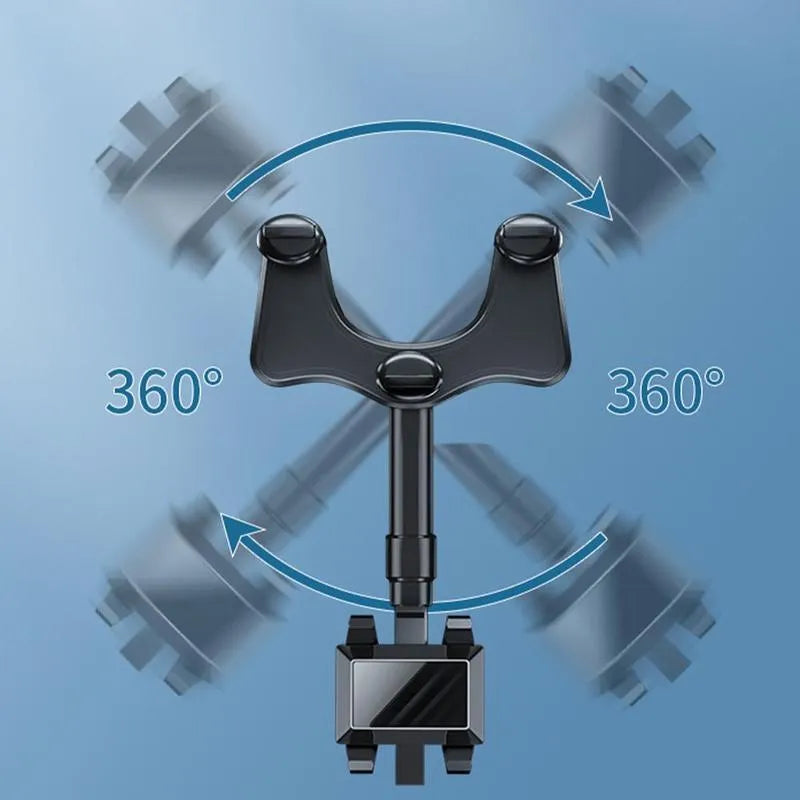 Black rearview mirror car phone holder with 360-degree rotation and retractable arm