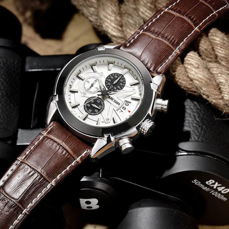Men's quartz chronograph watch with three sub-dials, luminous hands, 15mm thickness, black and brown colour options