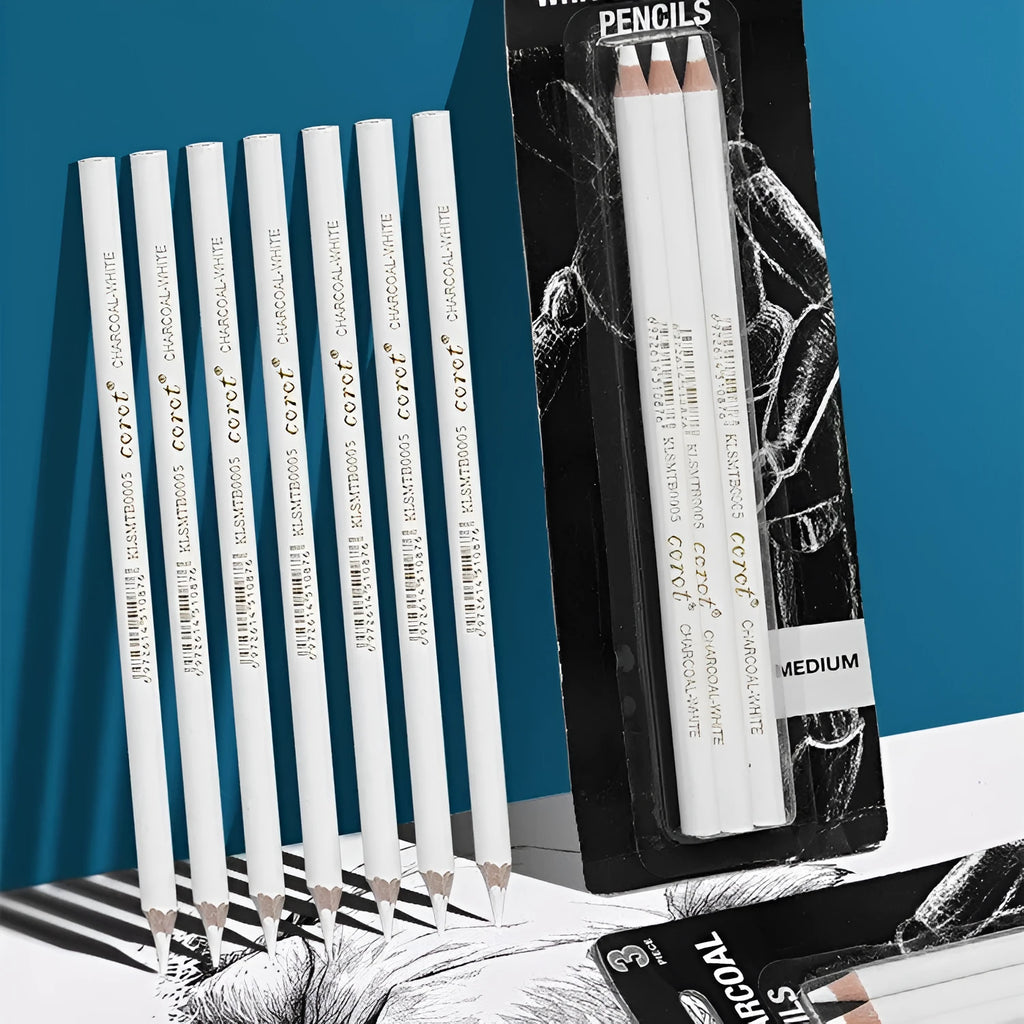 Three white charcoal pencils for sketching and highlighting on dark paper