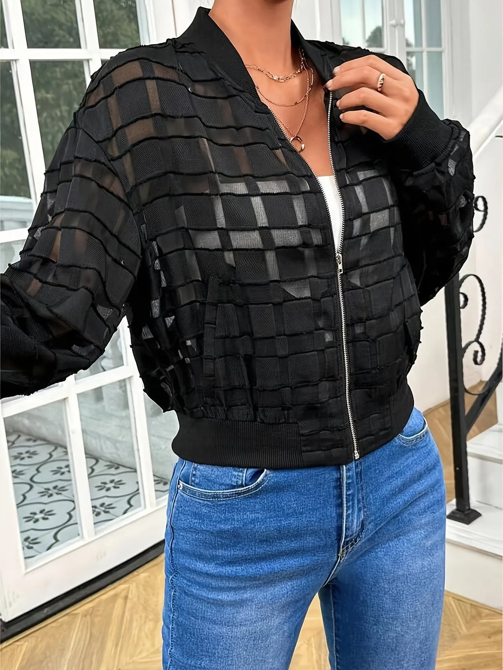 Black women's casual jacket with geometric pattern on semi-transparent polyester fabric