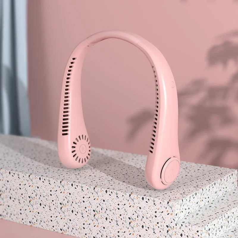 White USB rechargeable bladeless neck fan worn around neck showing flexible design.