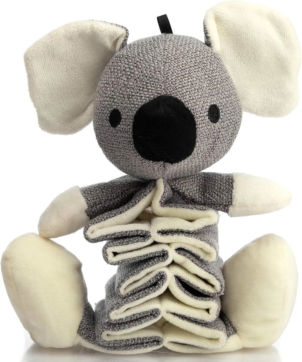 Grey koala dog chew toy with crinkle paper, measuring 30cm long, for small medium large dogs.