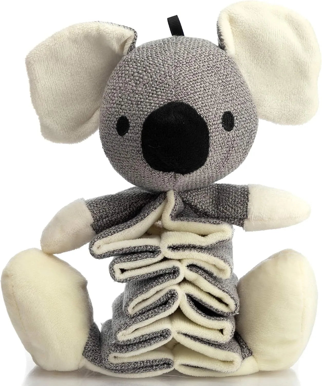 Grey koala dog chew toy with crinkle paper, measuring 30cm long, for small medium large dogs.