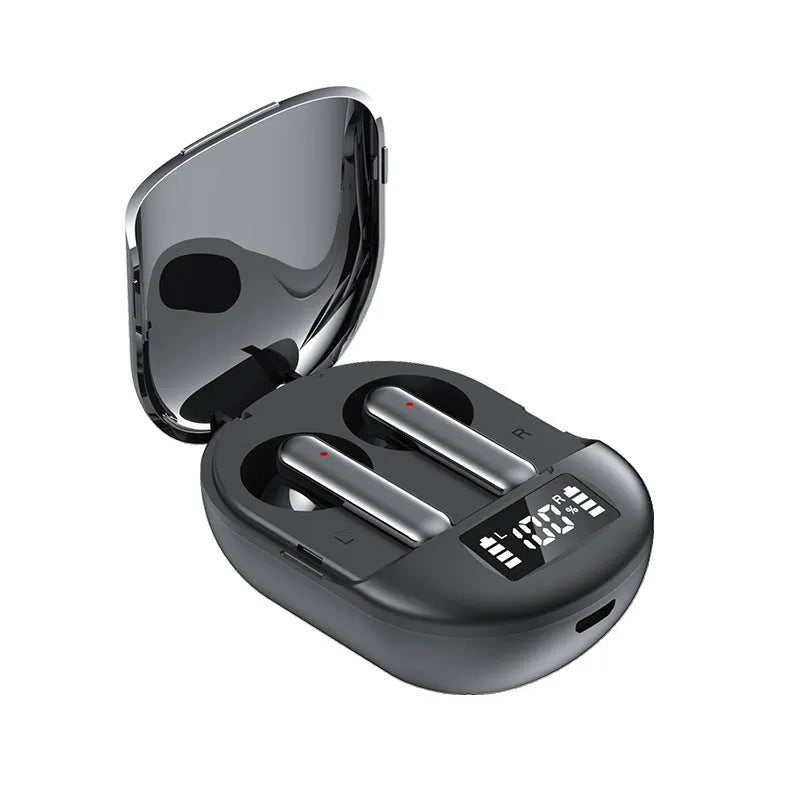 Black and white wireless Bluetooth in-ear earphones with a compact charging case.