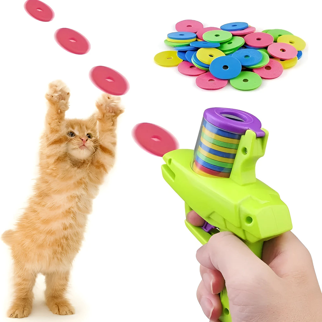 Battery-free interactive cat toy launcher firing foam disc with green and purple colour options
