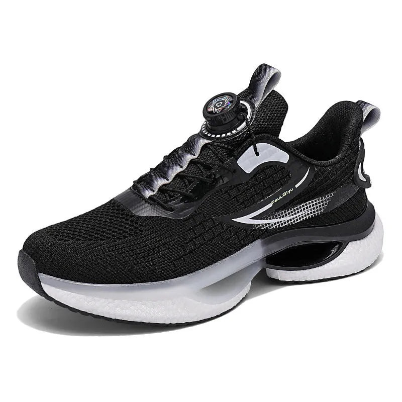Men's white low-top running shoes with a rotating button buckle and breathable mesh upper.