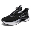 Men's white low-top running shoes with a rotating button buckle and breathable mesh upper.