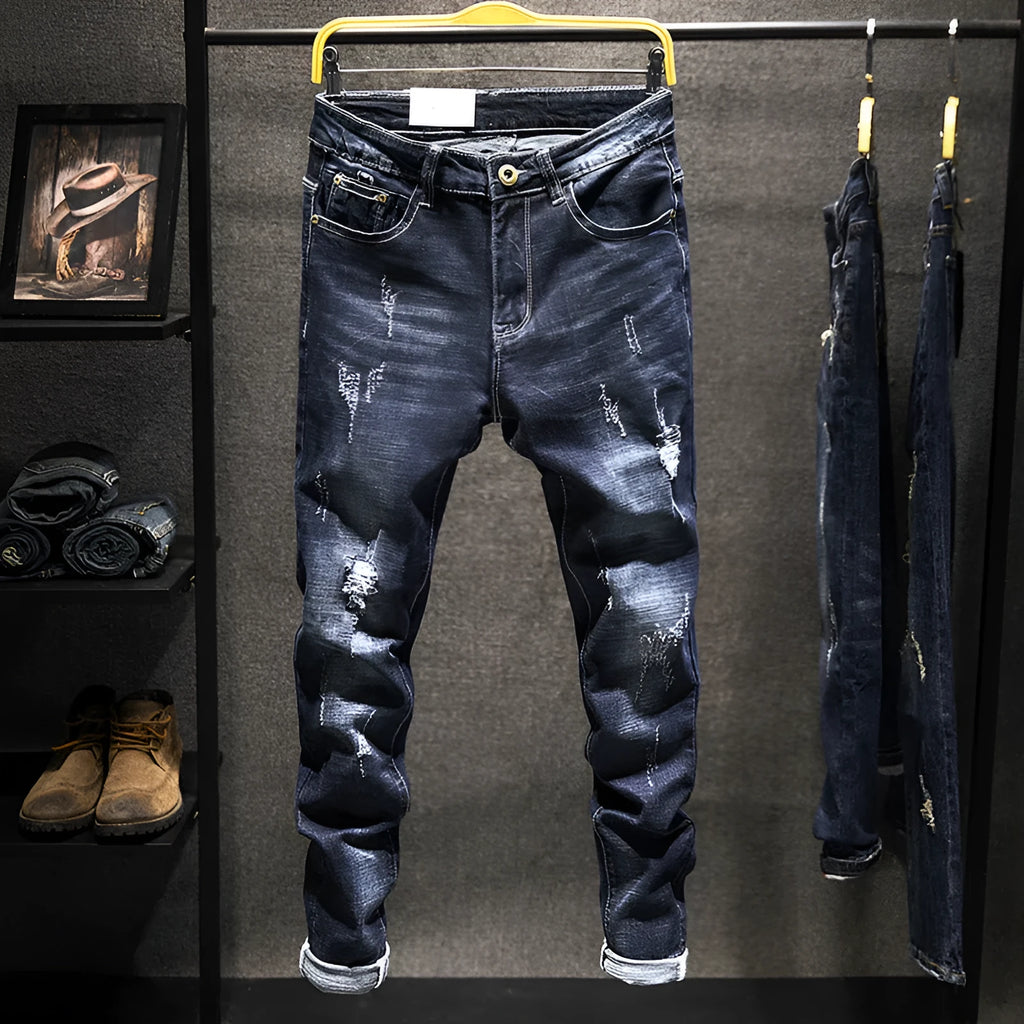 Men's slim-fitting skinny jeans in dark blue and light blue denim with micro elasticity