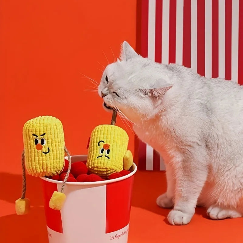 Corn Cob polio wood cat dental chew toy with catnip, showing Boxer and Coach style options.