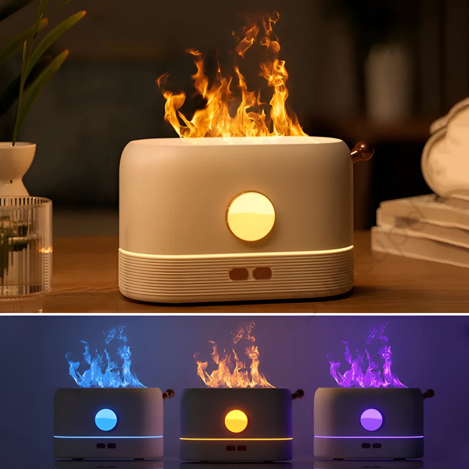 Black USB humidifier with flickering flame effect on a wooden desk next to a plant.