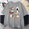 Mens black cotton t-shirt featuring a cute cartoon cat sushi design, shown in a loose fit.