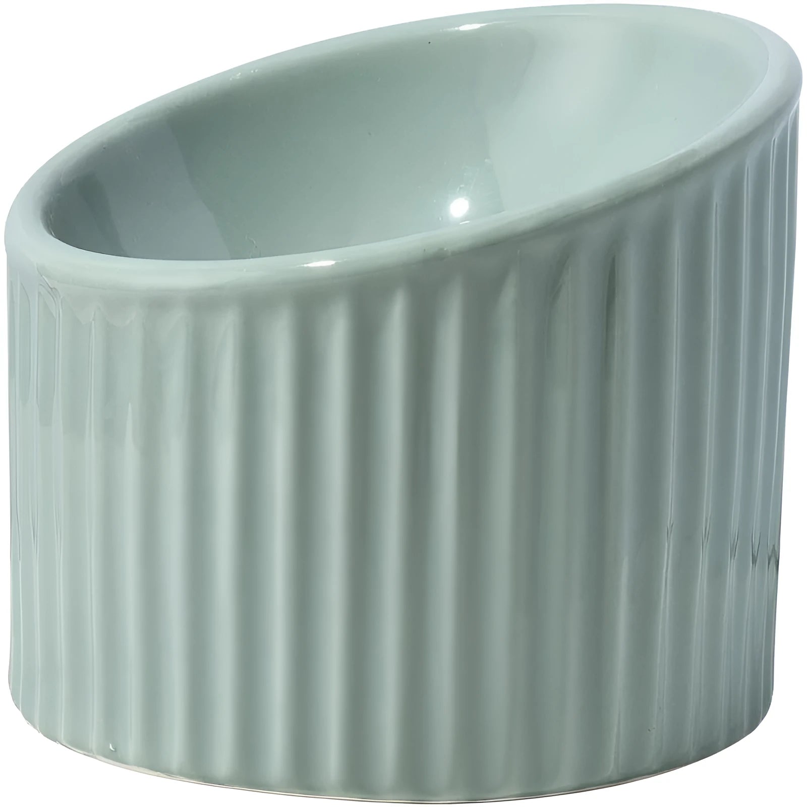 Ceramic elevated cat bowl in green, tilted design for anti-vomit, whisker-friendly feeding.