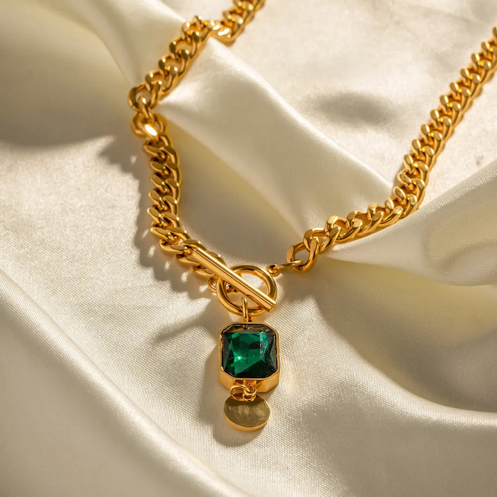 Gold geometric emerald zircon pendant necklace with Cuban link chain