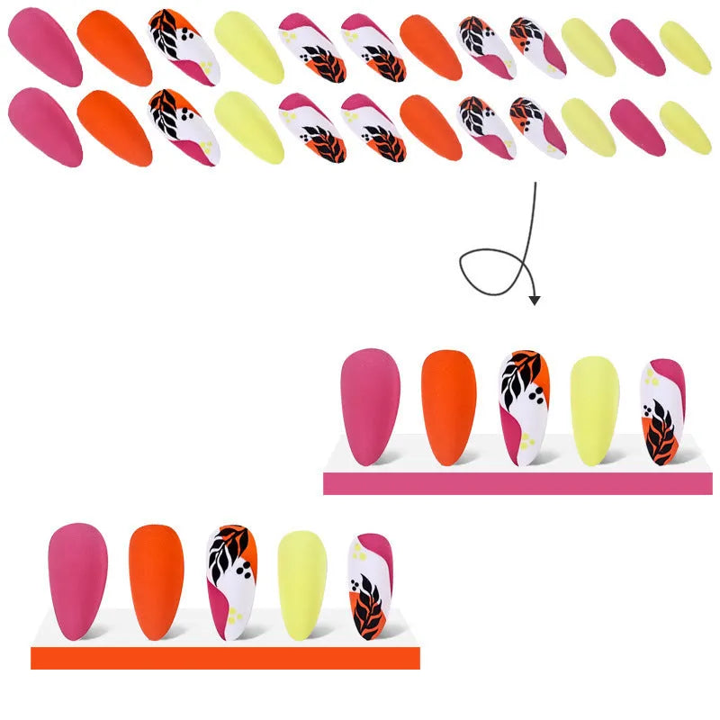 Four almond-shaped nail sticker designs with frosted finish including French leaves and gradient leopard patterns