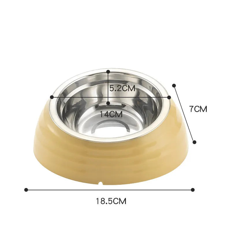 Stainless steel cat bowl on plastic stand in beige, brown, or light green colour