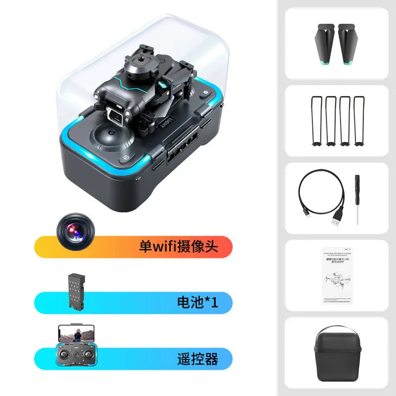 Black quadcopter drone with obstacle avoidance sensors and dual camera configuration for aerial photography