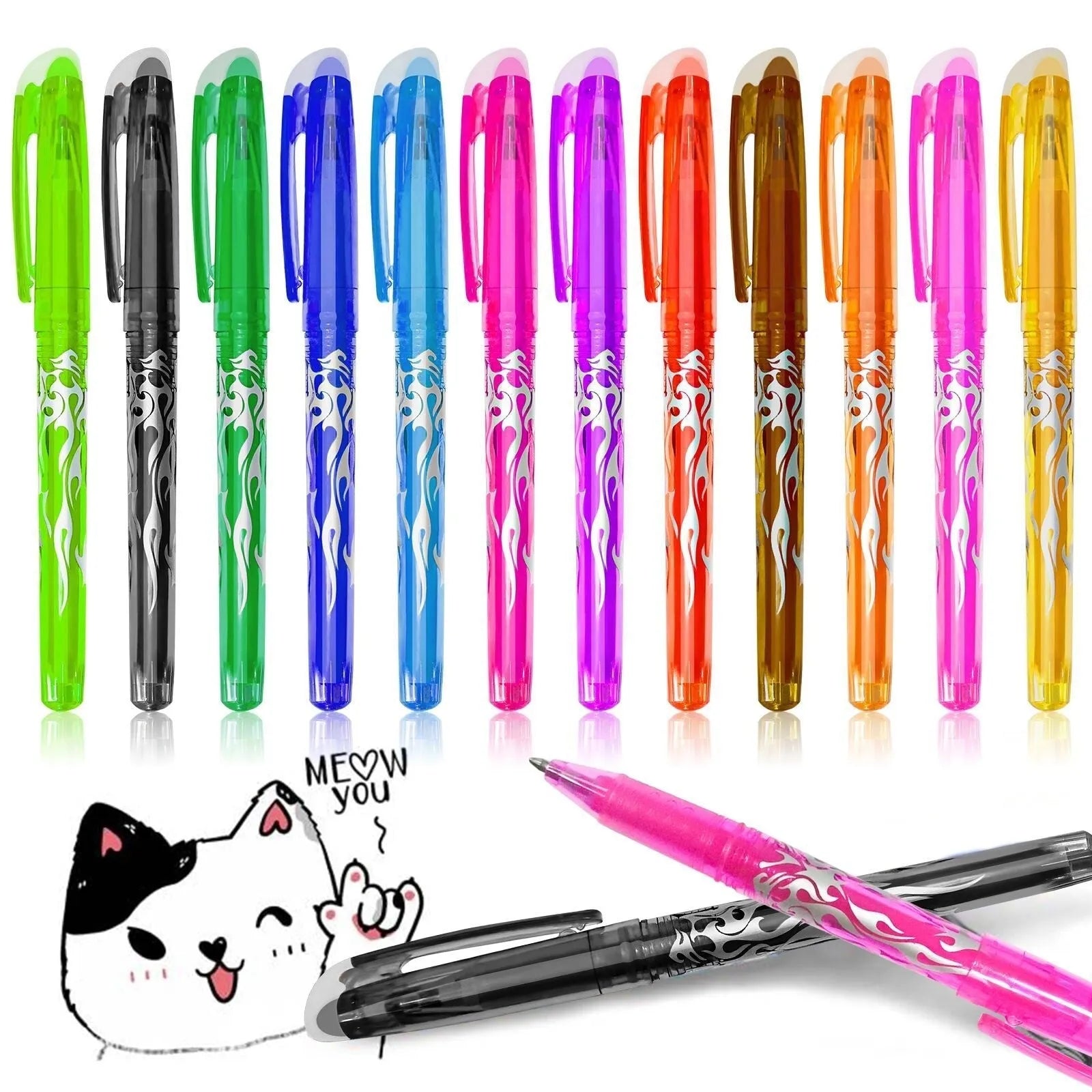 Set of heat-erasable gel pens with plastic shells and stainless steel nibs, showing 0.5mm and 0.7mm tip options.