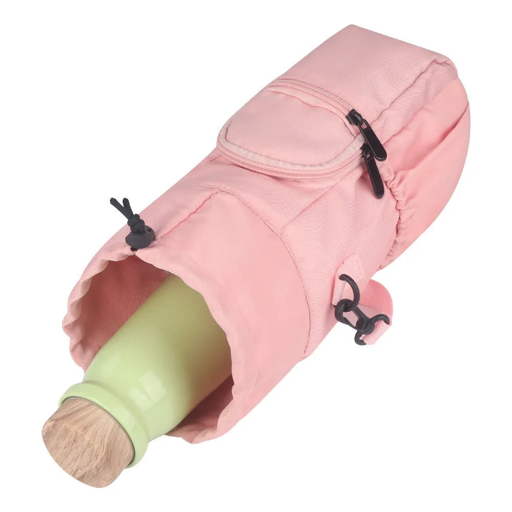 Cloth crossbody water bottle pouch in black, green, or pink colour options
