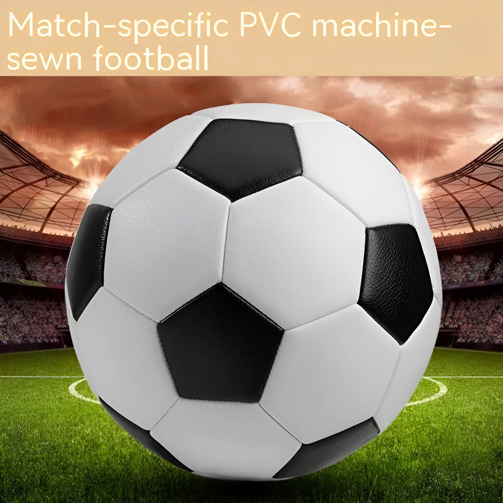 PVC football in multiple sizes and colours including red, blue, black and white, and gold designs.