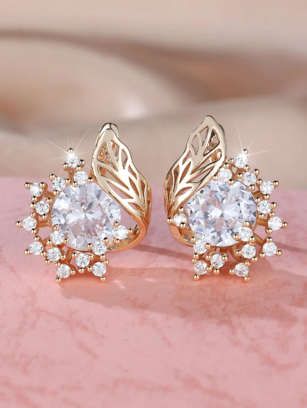 Round flowers feather zircon earrings for women with champagne gold electroplated copper and six colour options