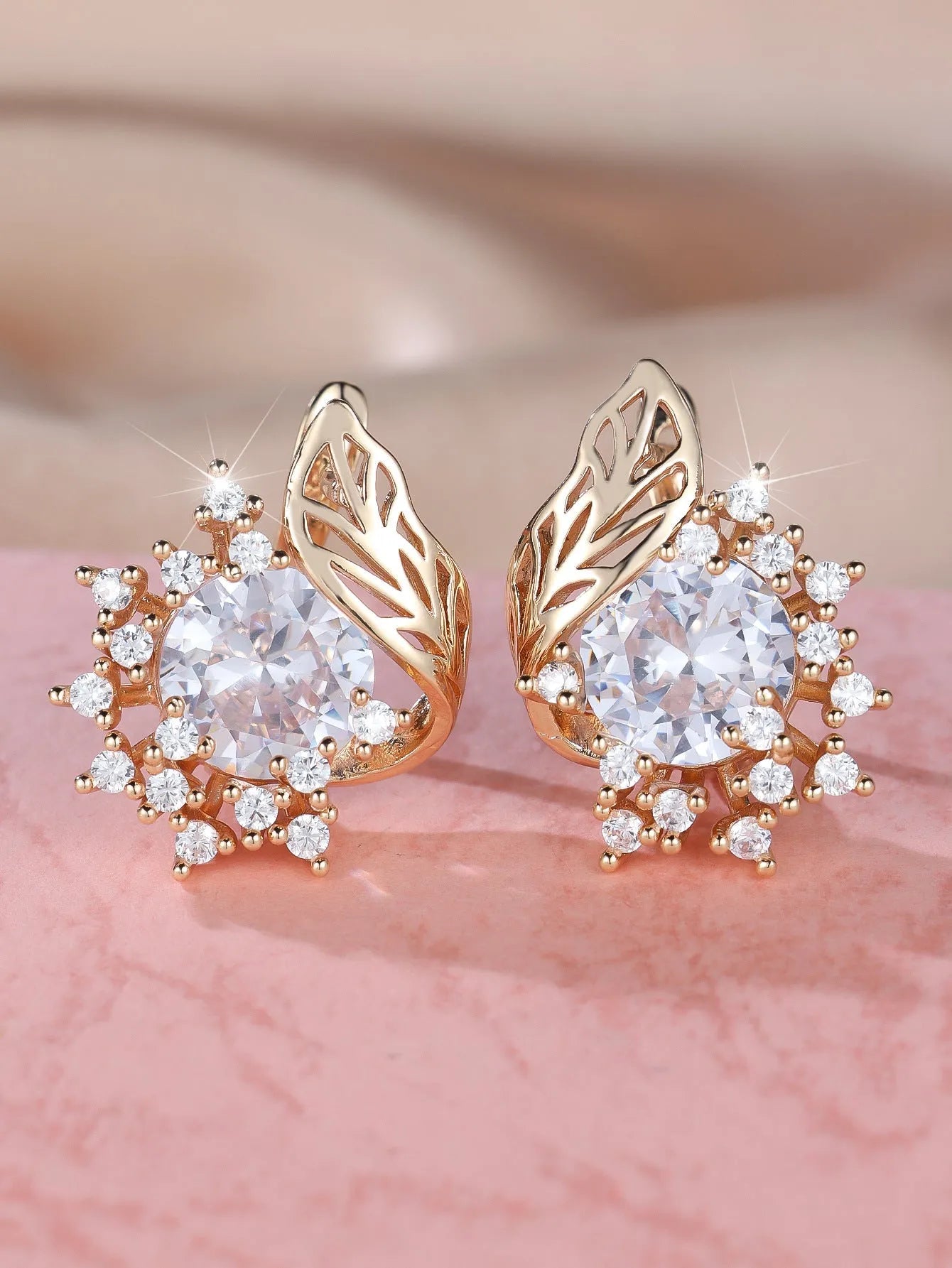 Round flowers feather zircon earrings for women with champagne gold electroplated copper and six colour options