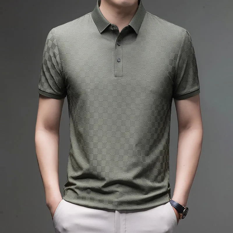 Rhombus patterned thin ice silk short sleeve t-shirt with a slit detail, shown in a colour option.