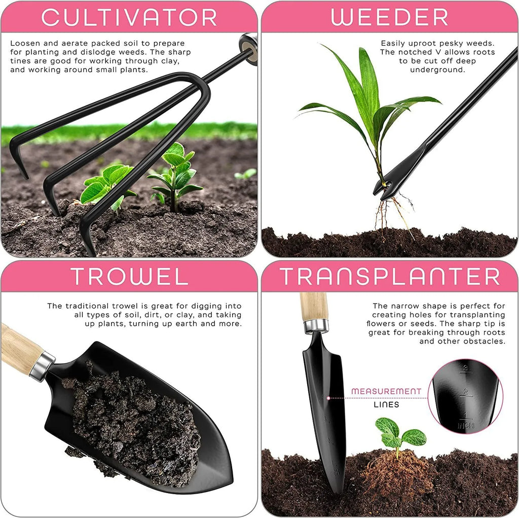 Eight-piece stainless steel gardening tool set including trowel, weeder, and cultivator