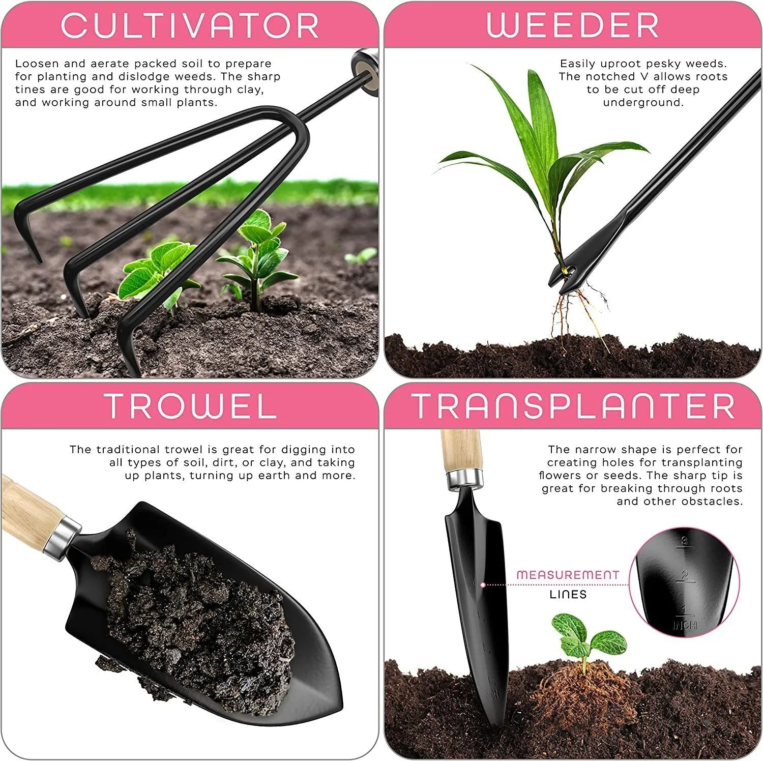 Eight-piece stainless steel gardening tool set including trowel, weeder, and cultivator