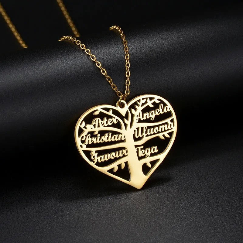 Custom hollow heart lucky tree titanium steel necklace with engraved names in silver gold and rose gold finishes