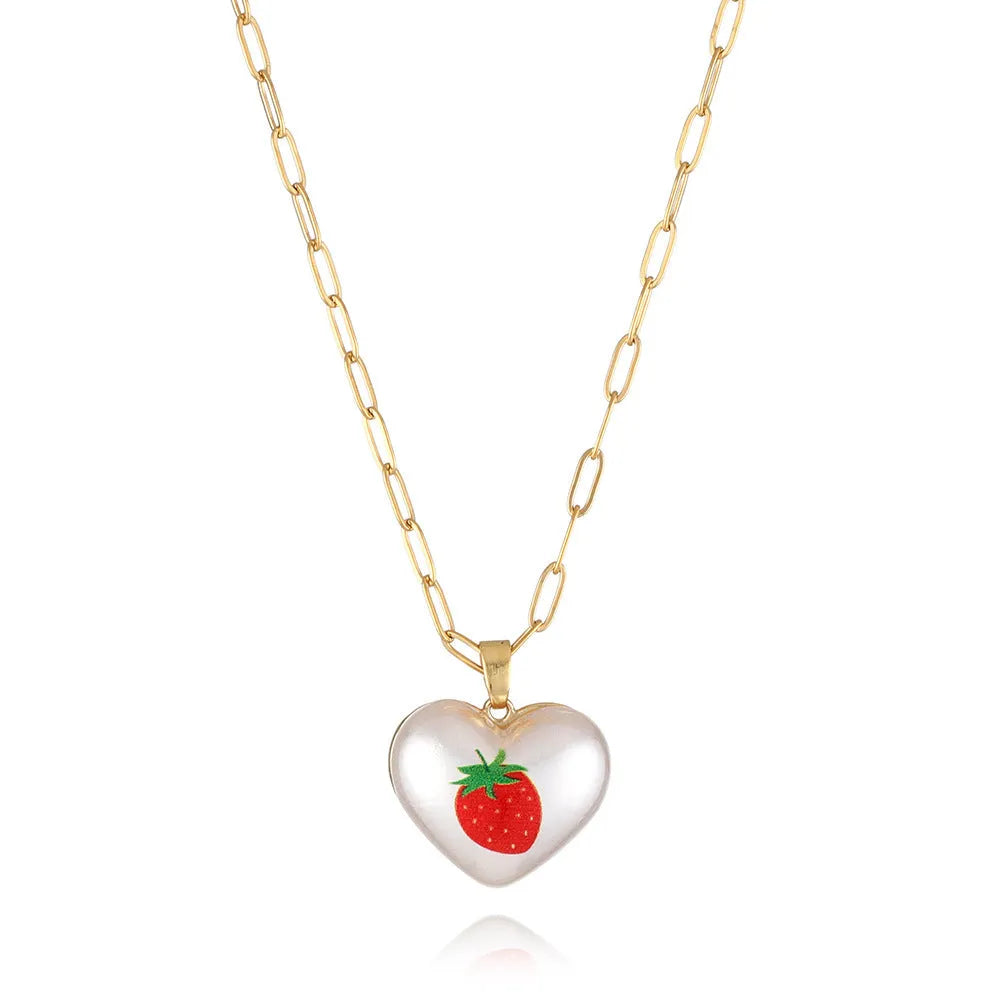 Adjustable heart-shaped necklace with fruit pendant charm showing five colour options