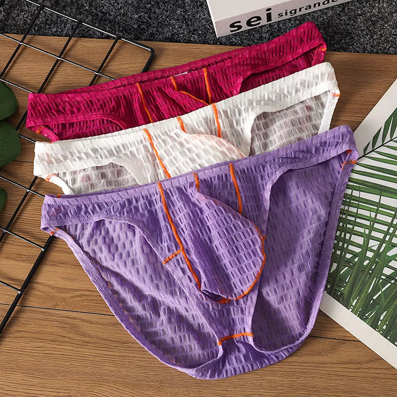 Men's low waist lace briefs in five colours: white, black, green, rose red, and light purple
