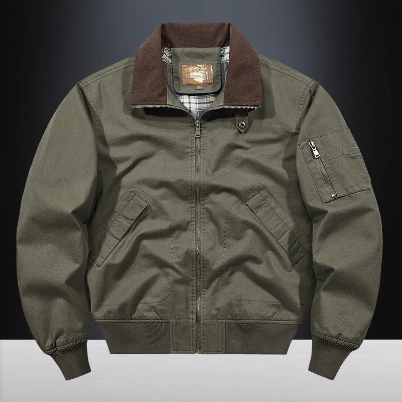 Men's plus-size washed cotton baseball jacket in army green colour