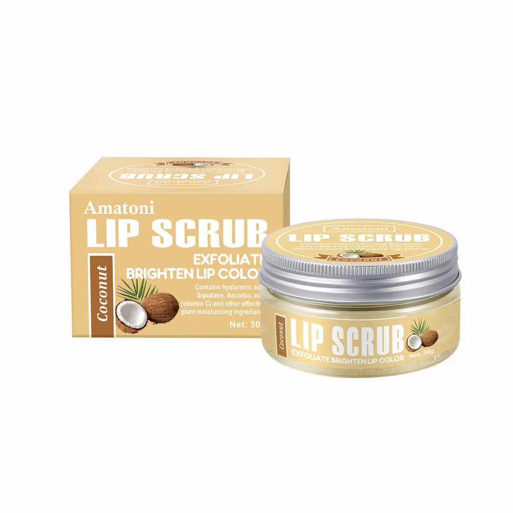 Amatoni lip scrub cream pot in coconut, raspberry, vanilla or watermelon flavour, 30g.