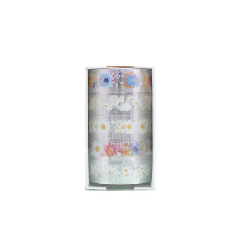 Five rolls of transparent adhesive tape with colourful midsummer daisy cartoon decoration for DIY diary projects