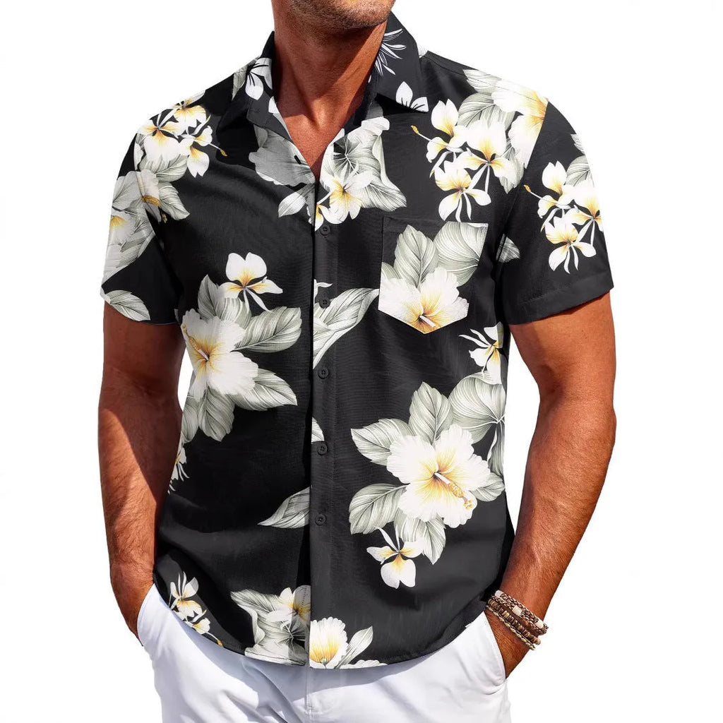 Men's slim-fit Hawaiian short sleeve shirt in elastic polyester fabric showing colour options and sizing