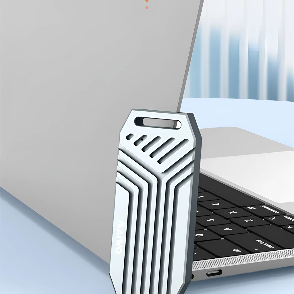 Aluminium alloy Thunderbolt 4 external SSD case for M.2 drives in grey or silver, showing slim 50mm profile.