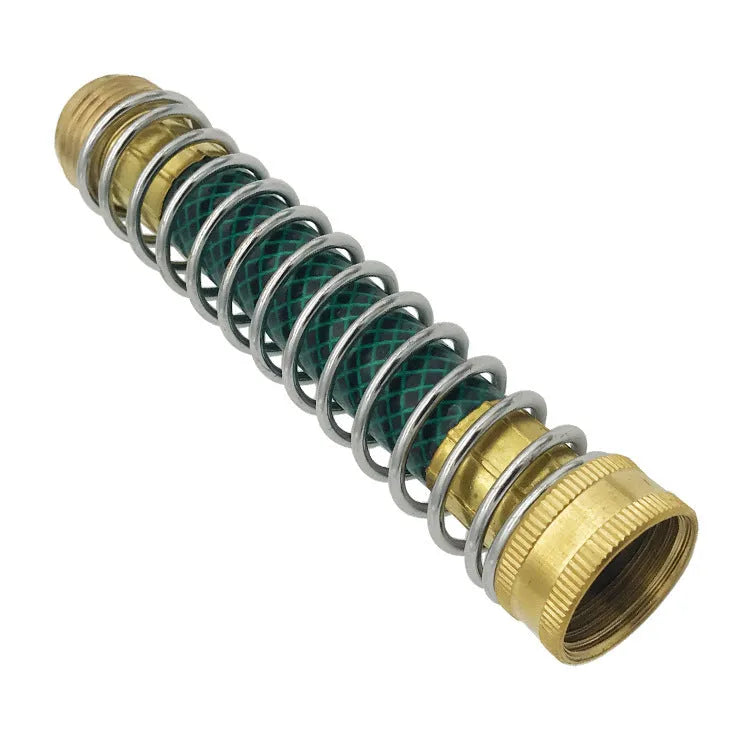 Brass garden hose connector with spiral spring mechanism showing threaded 3/4 inch connections