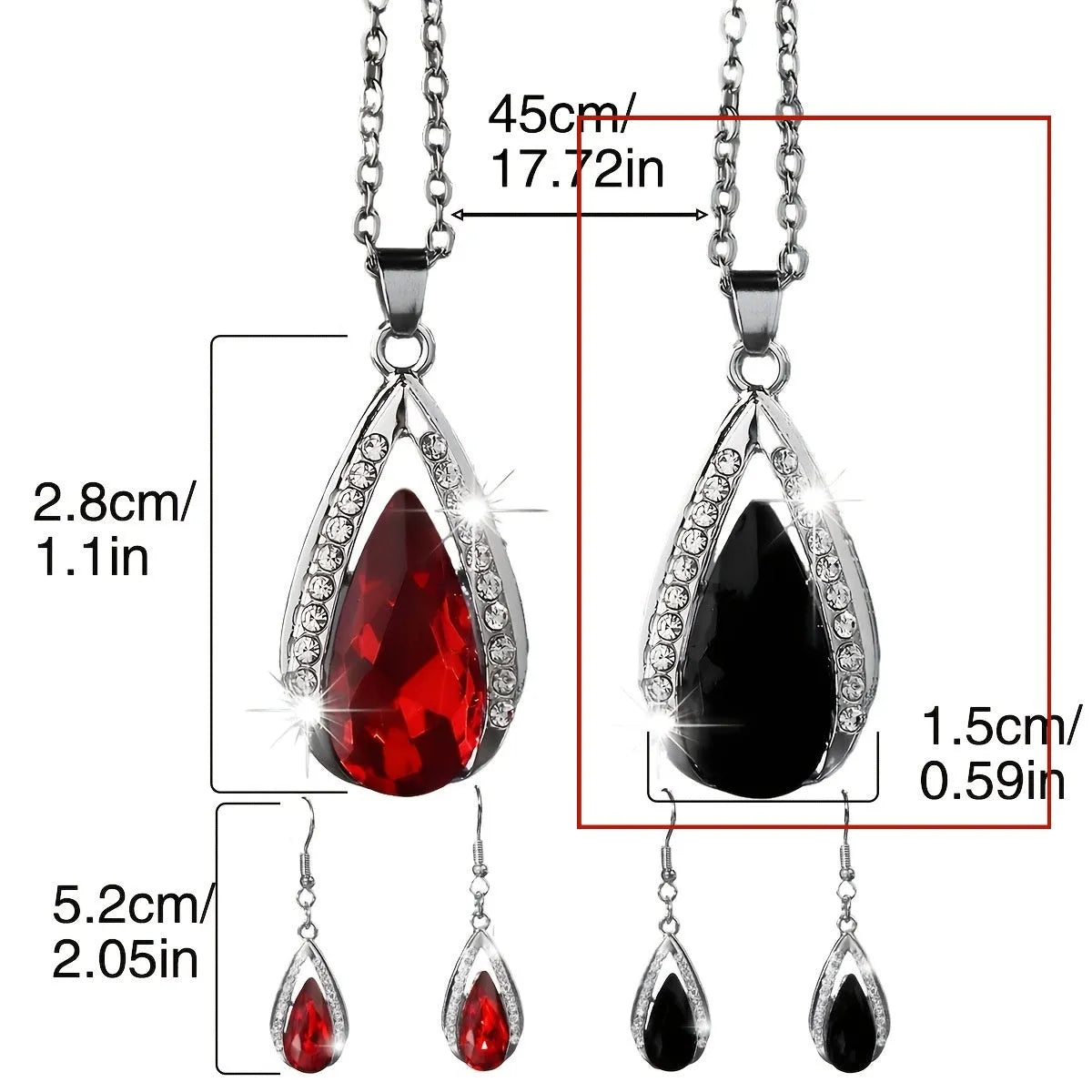 Teardrop glass pendant necklace and earrings suite in black or red alloy metal jewellery