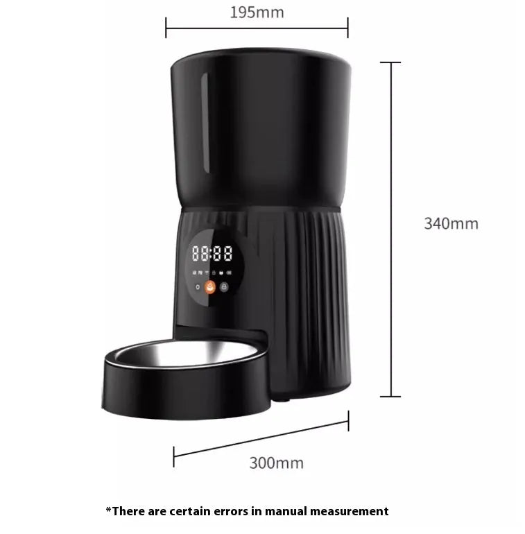 Black and white automatic intelligent pet feeder with digital display and food bowl.