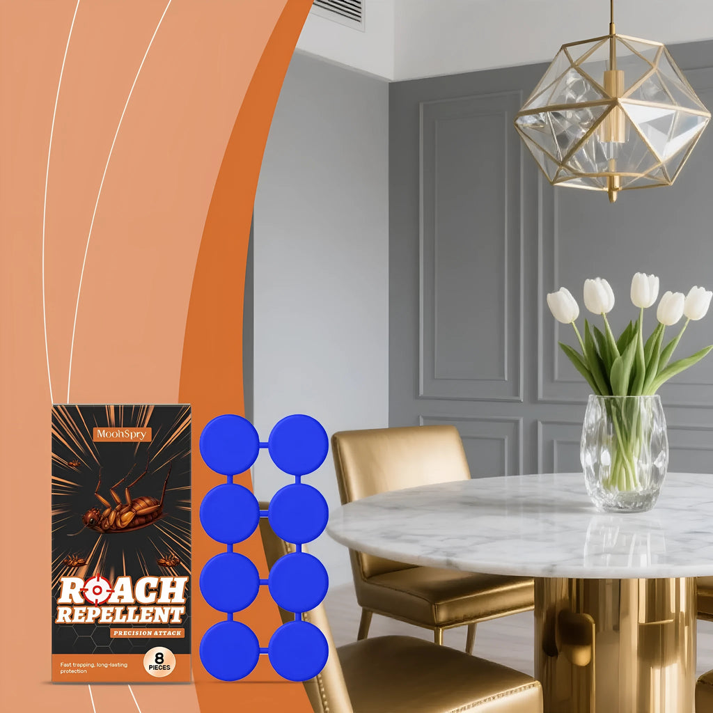 Cockroach killer bait sticker kit containing eight pre-baited glue traps for indoor kitchen pest control