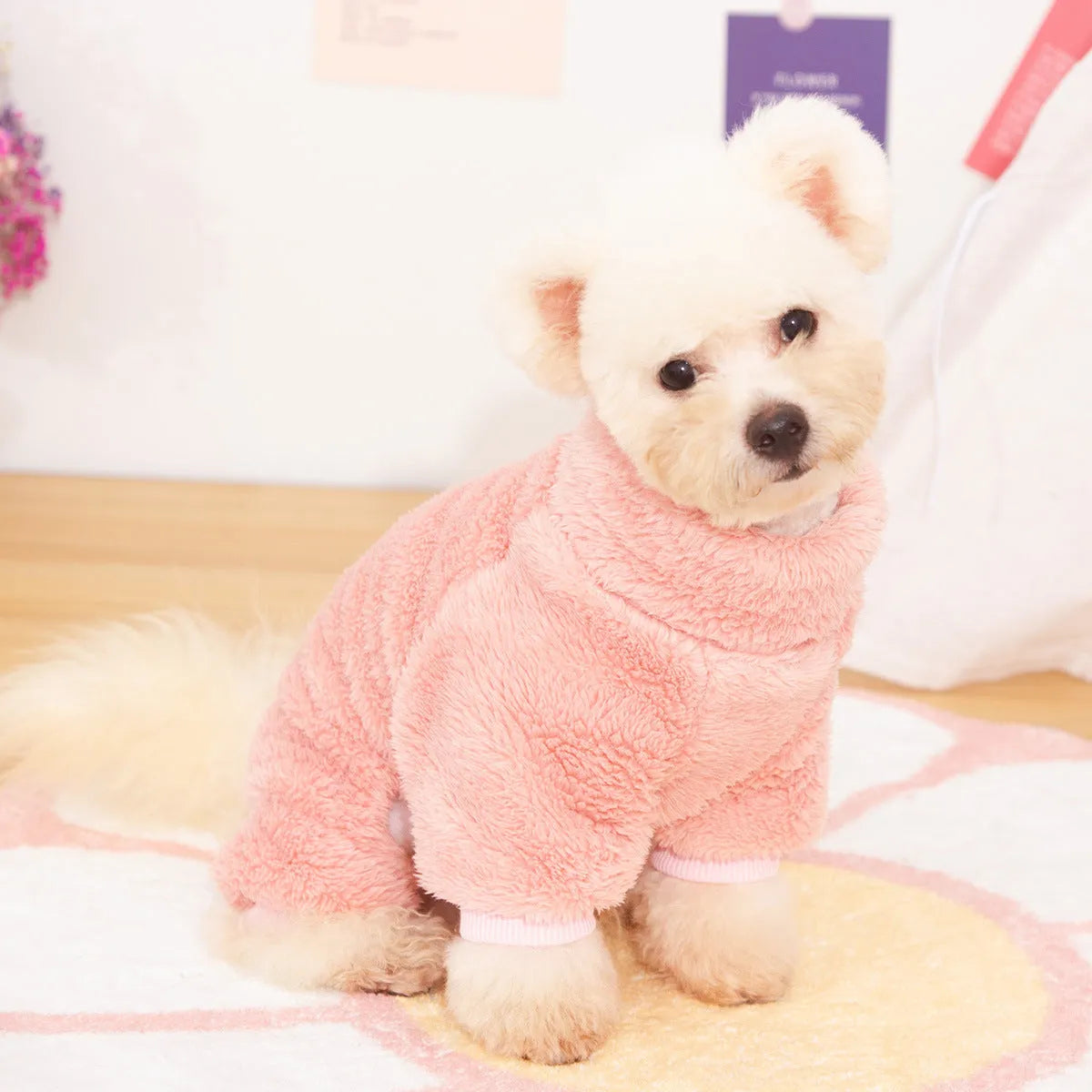 Four-legged dog clothing with double-sided plush fleece, high collar, and towing ring in blue colour