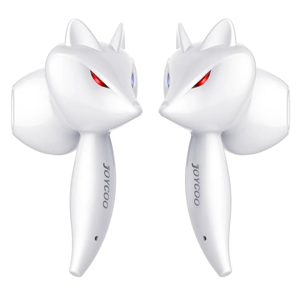 Cartoon fox Bluetooth wireless headset in red with dual earplug design and battery display
