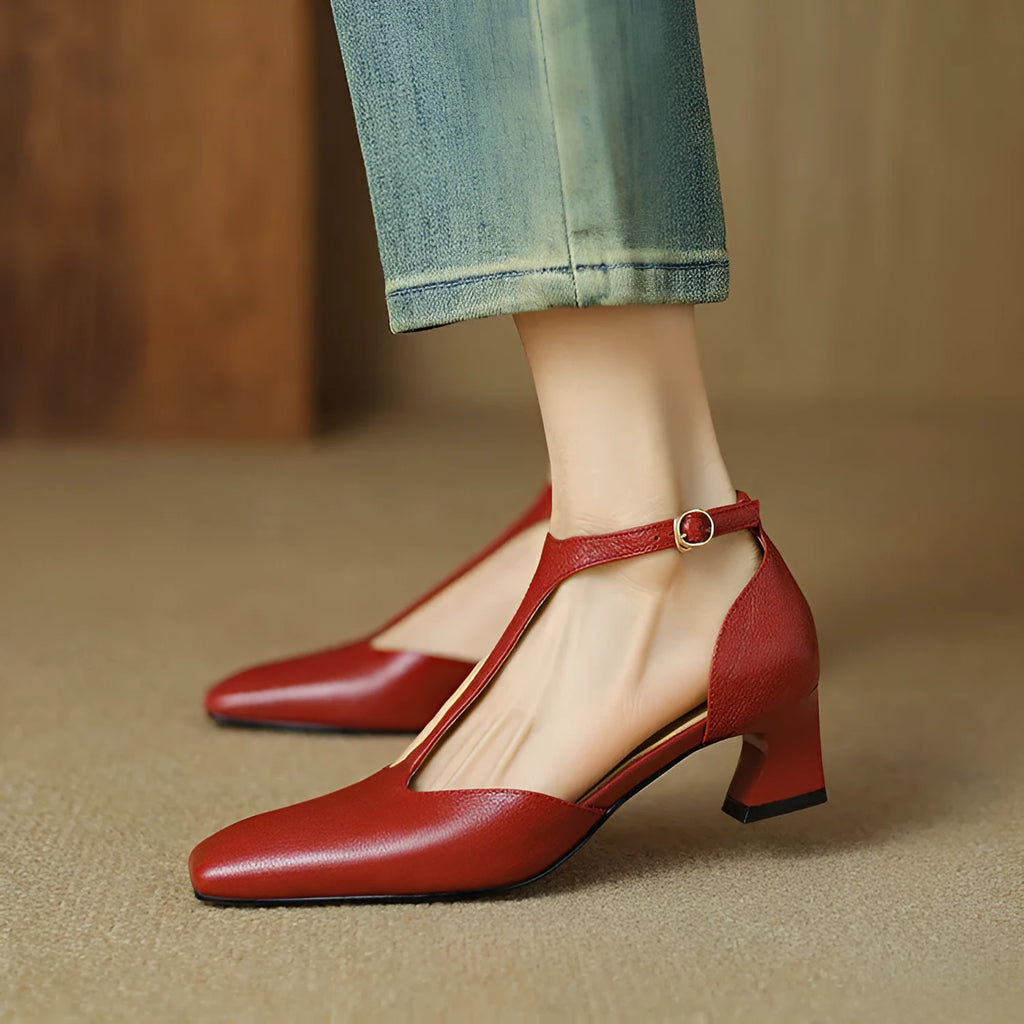 Wine red sheepskin leather square toe chunky heel shoes with buckle closure