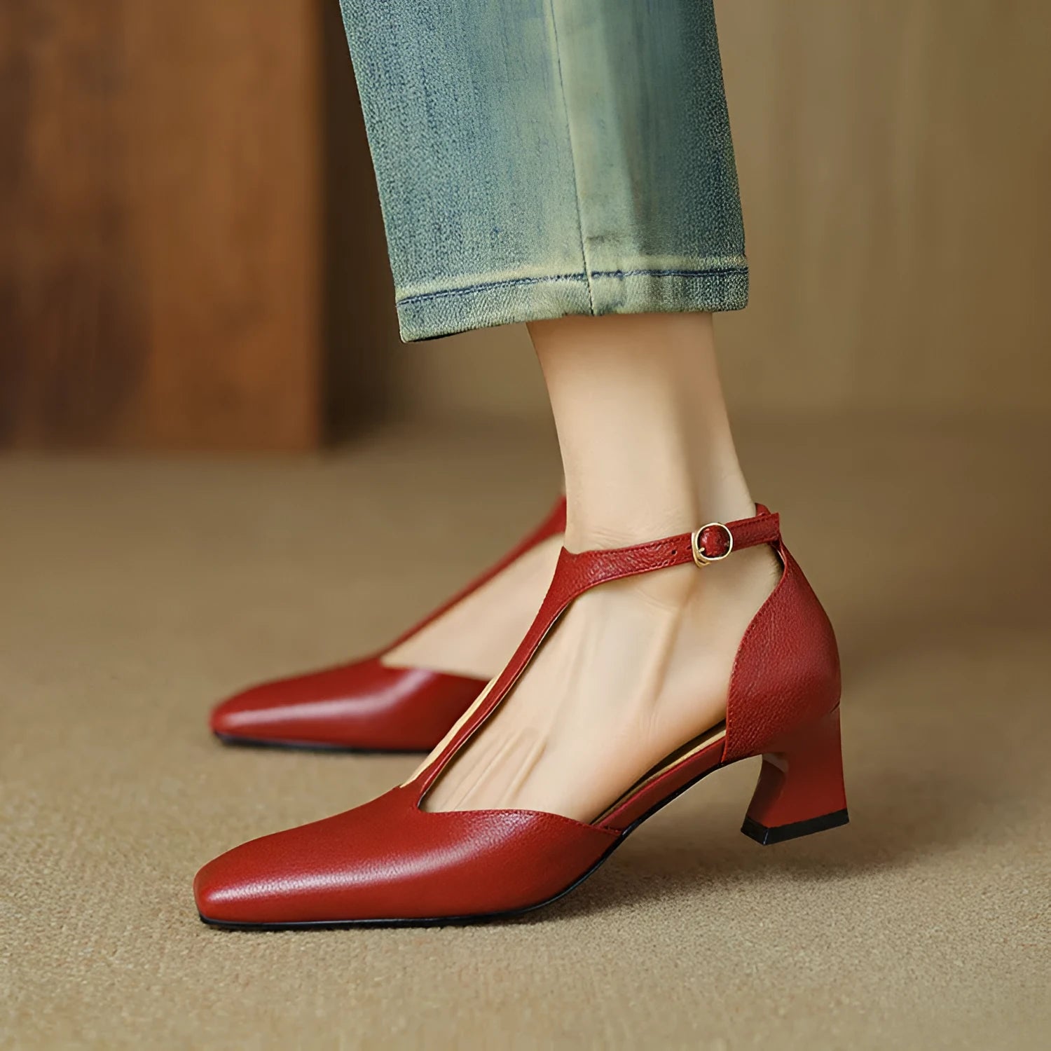 Wine red sheepskin leather square toe chunky heel shoes with buckle closure