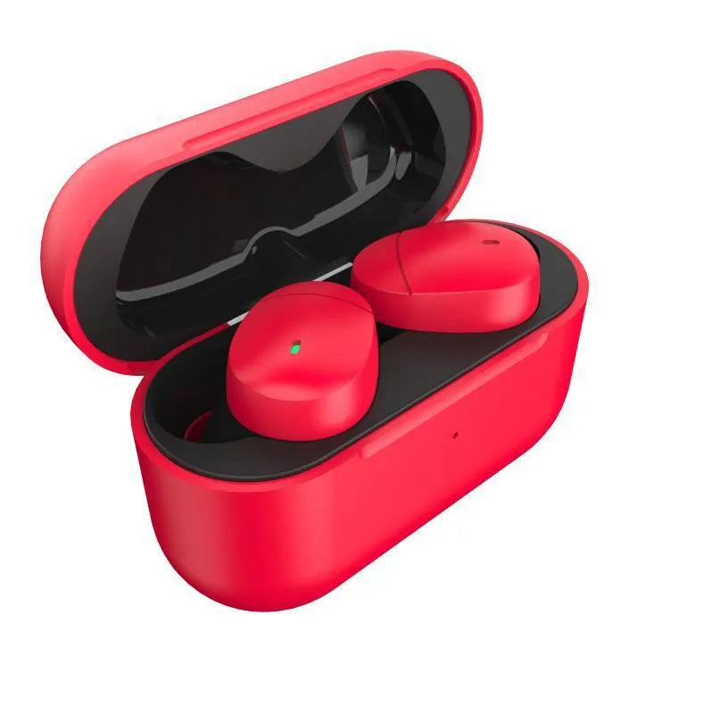 Flame red Qualcomm Bluetooth 5.2 wireless headset with earplug design and charging cable