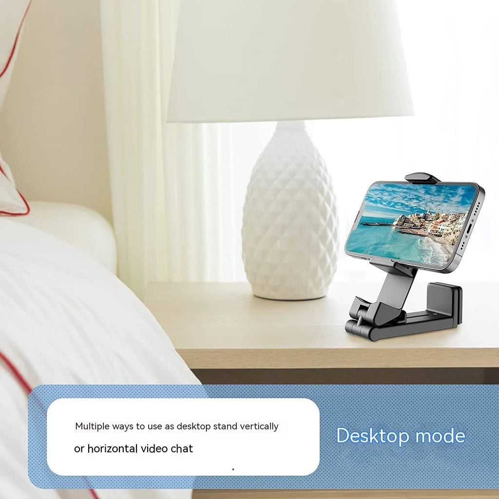 Universal foldable rotating phone holder in black, showing adjustable angle mechanism