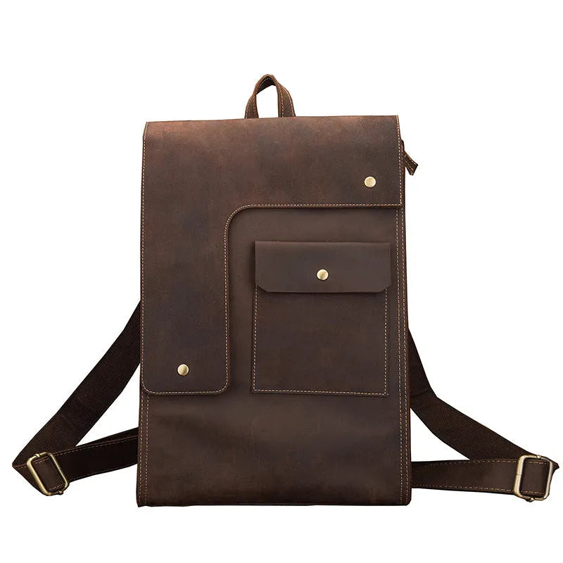 Dark brown genuine leather men's travel bag with vertical square design and shoulder straps
