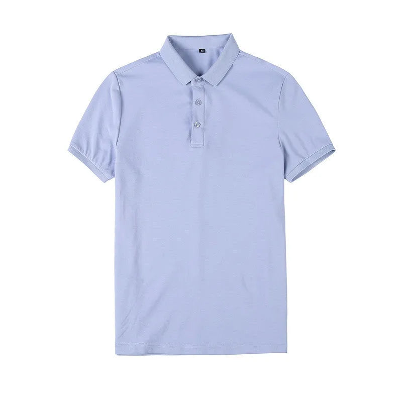 Man's solid colour cotton blend polo shirt with lapel collar and short sleeves in Korean style fit.