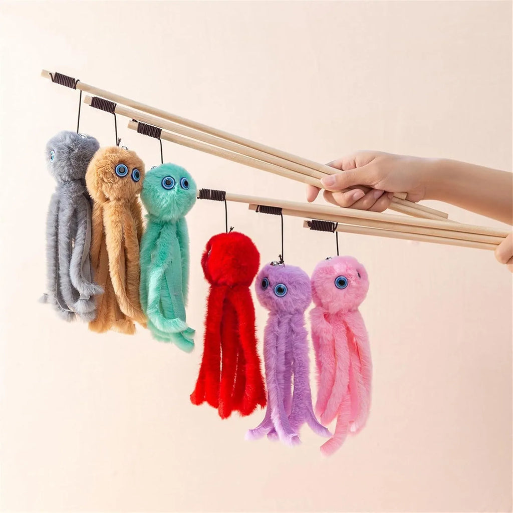 Octopus-shaped cat toy with long 40cm stick, feathers, and safety eyes in bright colours