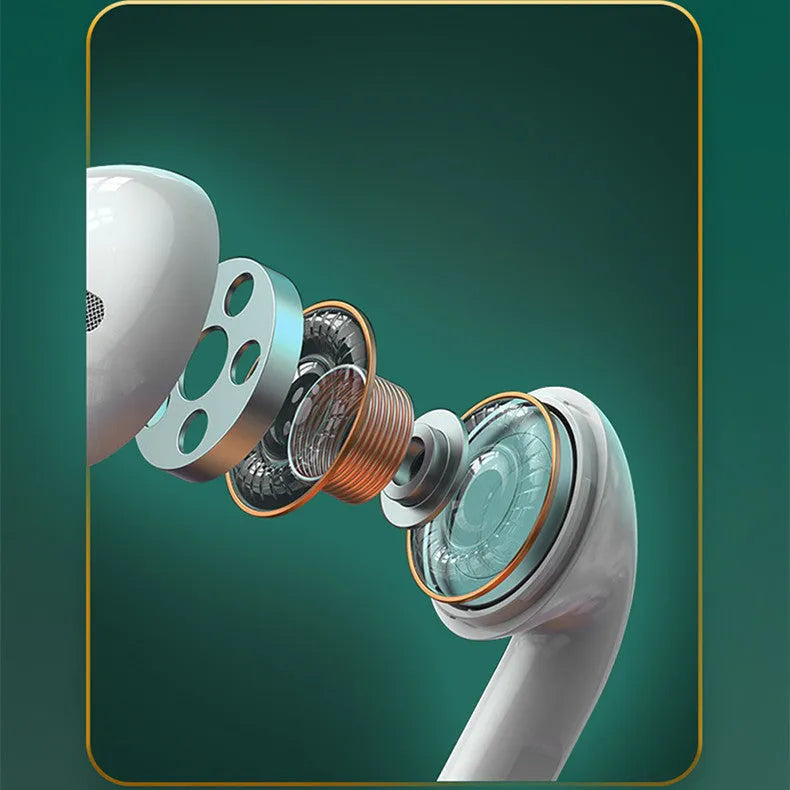 White Budz5 Bluetooth wireless semi-in-ear headset with its matching charging compartment.
